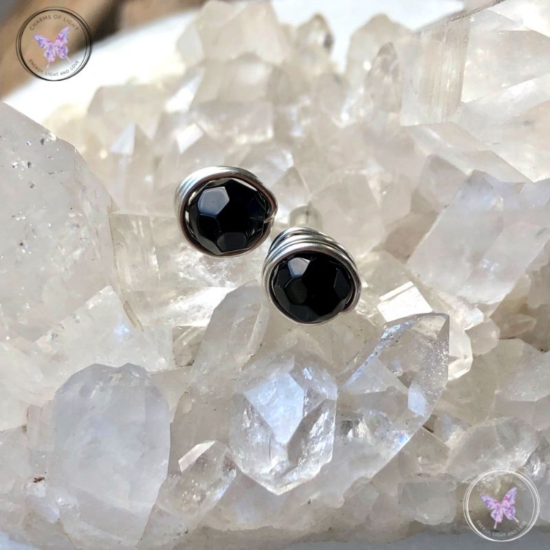 Faceted Black Onyx Silver Wire Wrap Stud Earrings